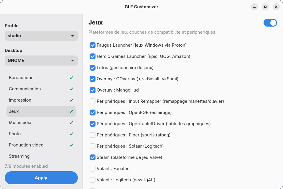GLF Customizer, catégorie Jeux sélectionnée